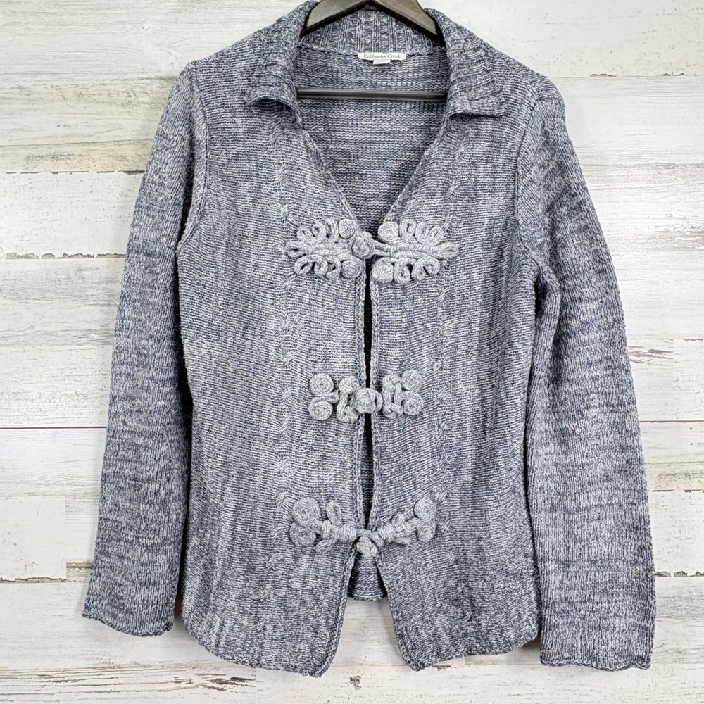 Coldwater Creek Gray Blue Heathered Knit Shimmer Cardigan Sweater Jacket L
